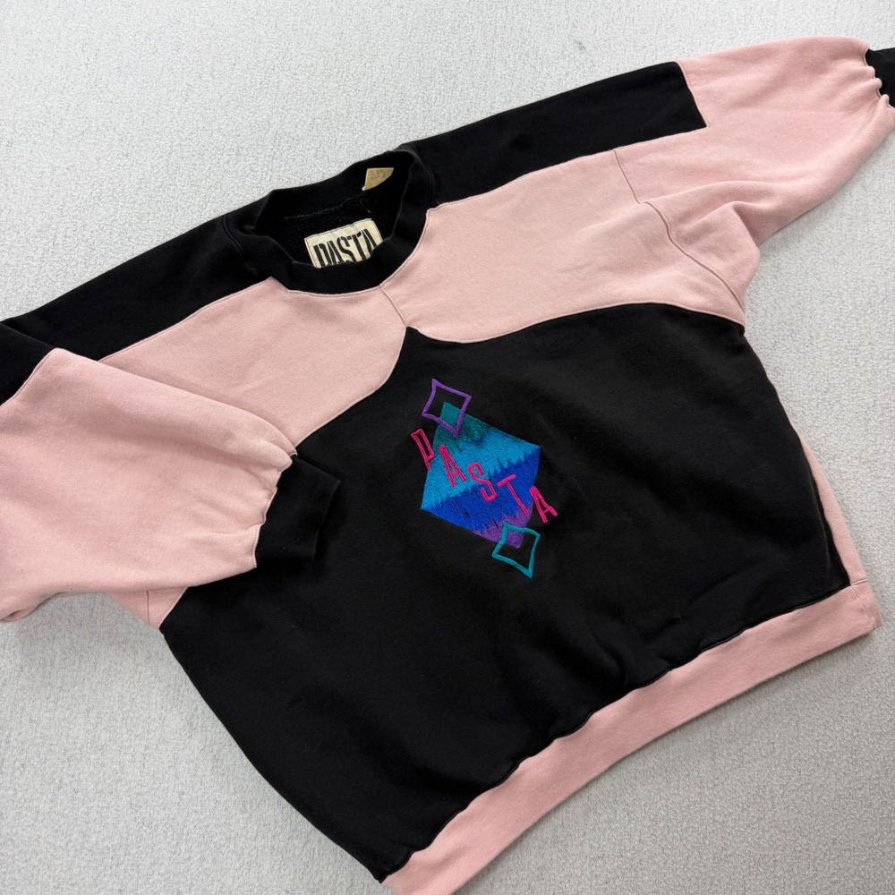 VTG 80s Pasta Sweatshirt Colorblock Embroidered Graphic Crewneck Pink Black L